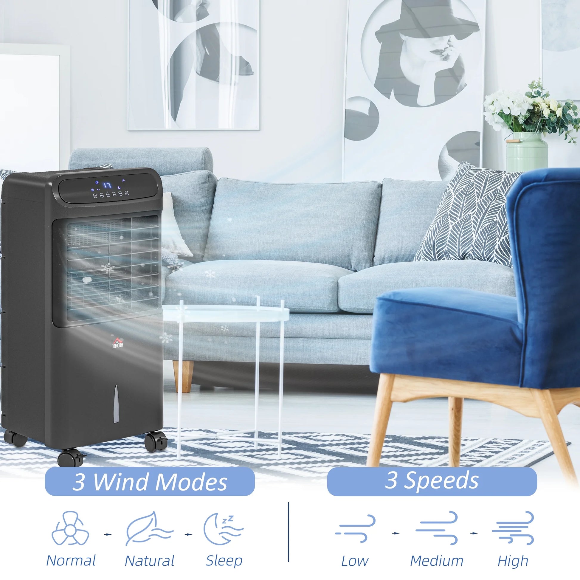 HOMCOM 32" Evaporative Air Cooler with 3.2 Gal Water Tank, 60° Oscillating, 3-In-1 Ice Cooling Fan, Portable Swamp Cooler with Humidifier for Home Office, 3 Modes, 3 Speeds, 12H Timer, Remote, White