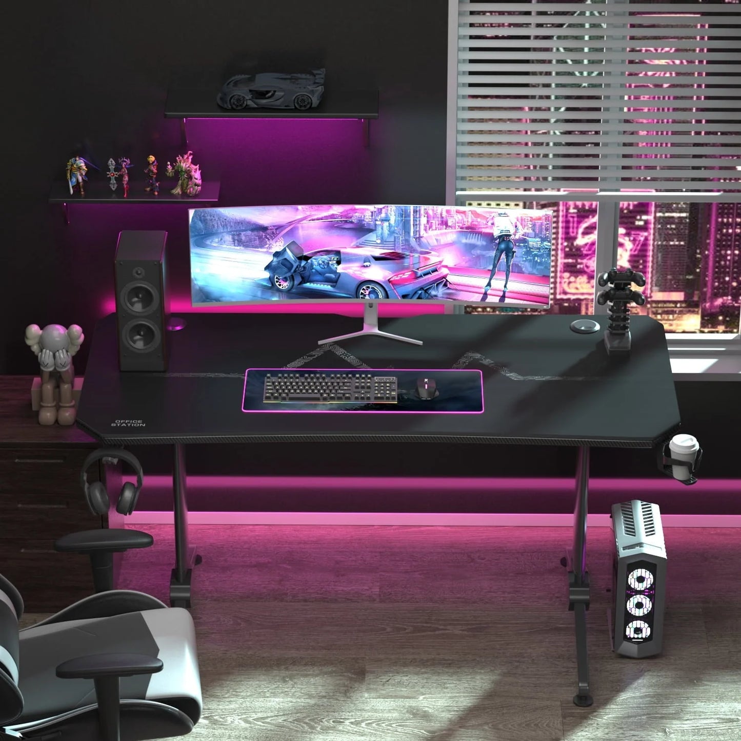 Homall 55 Inch Gaming Desk Y-Shaped PC Computer Gaming Office Desk with Mouse Pad Home Office Study Carbon Fiber Surface Gamer Workstation With Cup Holder and Headphone Hook, Black