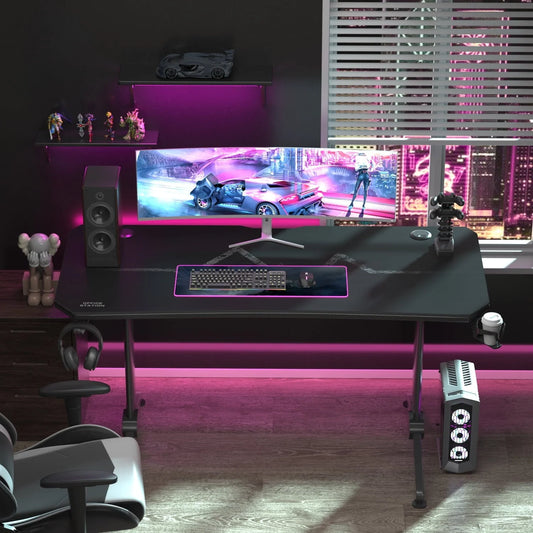 Homall 55 Inch Gaming Desk Y-Shaped PC Computer Gaming Office Desk with Mouse Pad Home Office Study Carbon Fiber Surface Gamer Workstation With Cup Holder and Headphone Hook, Black