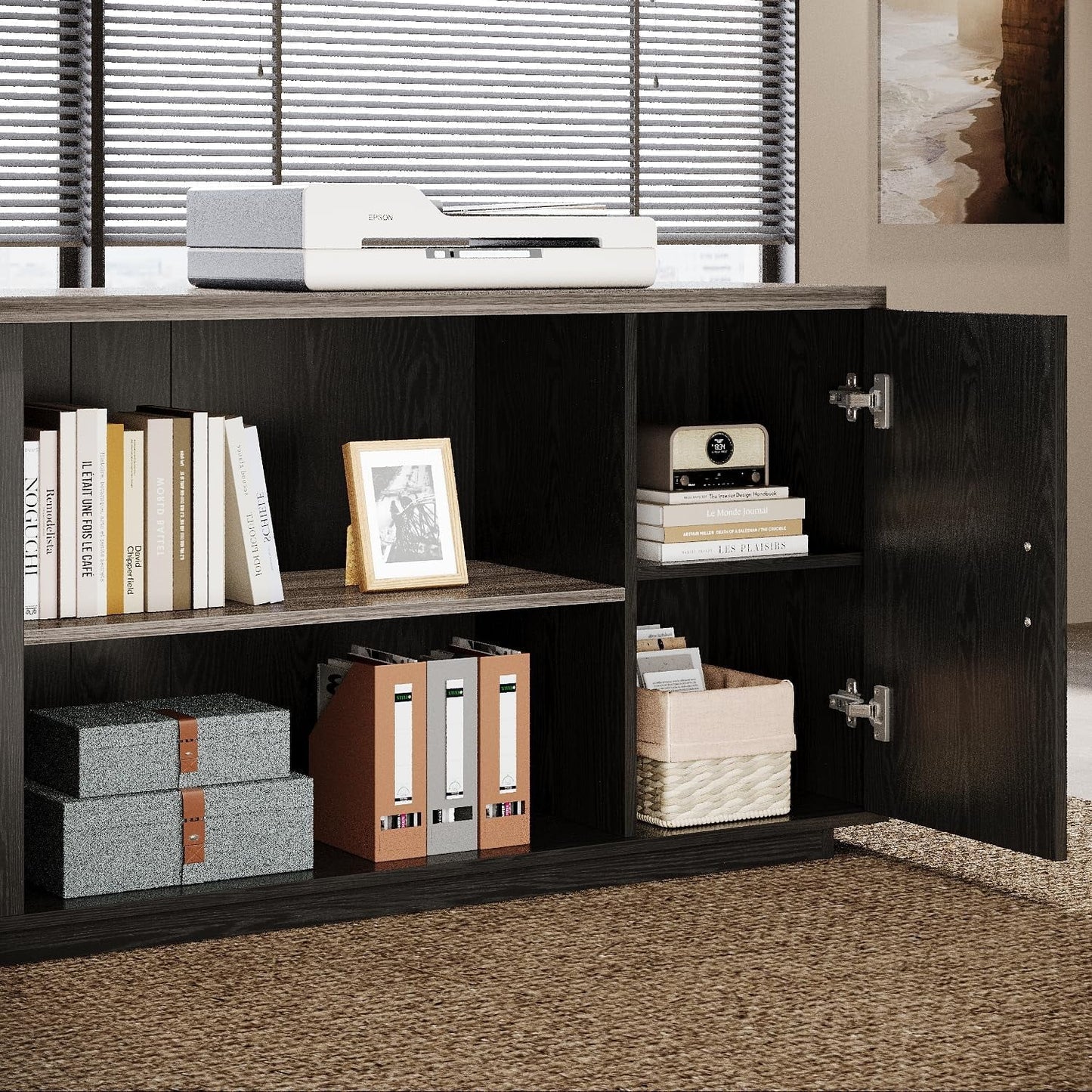 Tribesigns 85.8" L-Shaped Executive Desk, Extra Large Office Desk with File Drawers, Modern Business Furniture with Door Cabinet, Shelves for Home Office, White & Brown