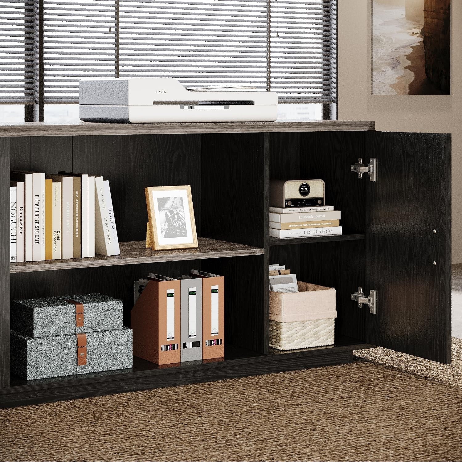 Tribesigns 85.8" L-Shaped Executive Desk, Extra Large Office Desk with File Drawers, Modern Business Furniture with Door Cabinet, Shelves for Home Office, White & Brown