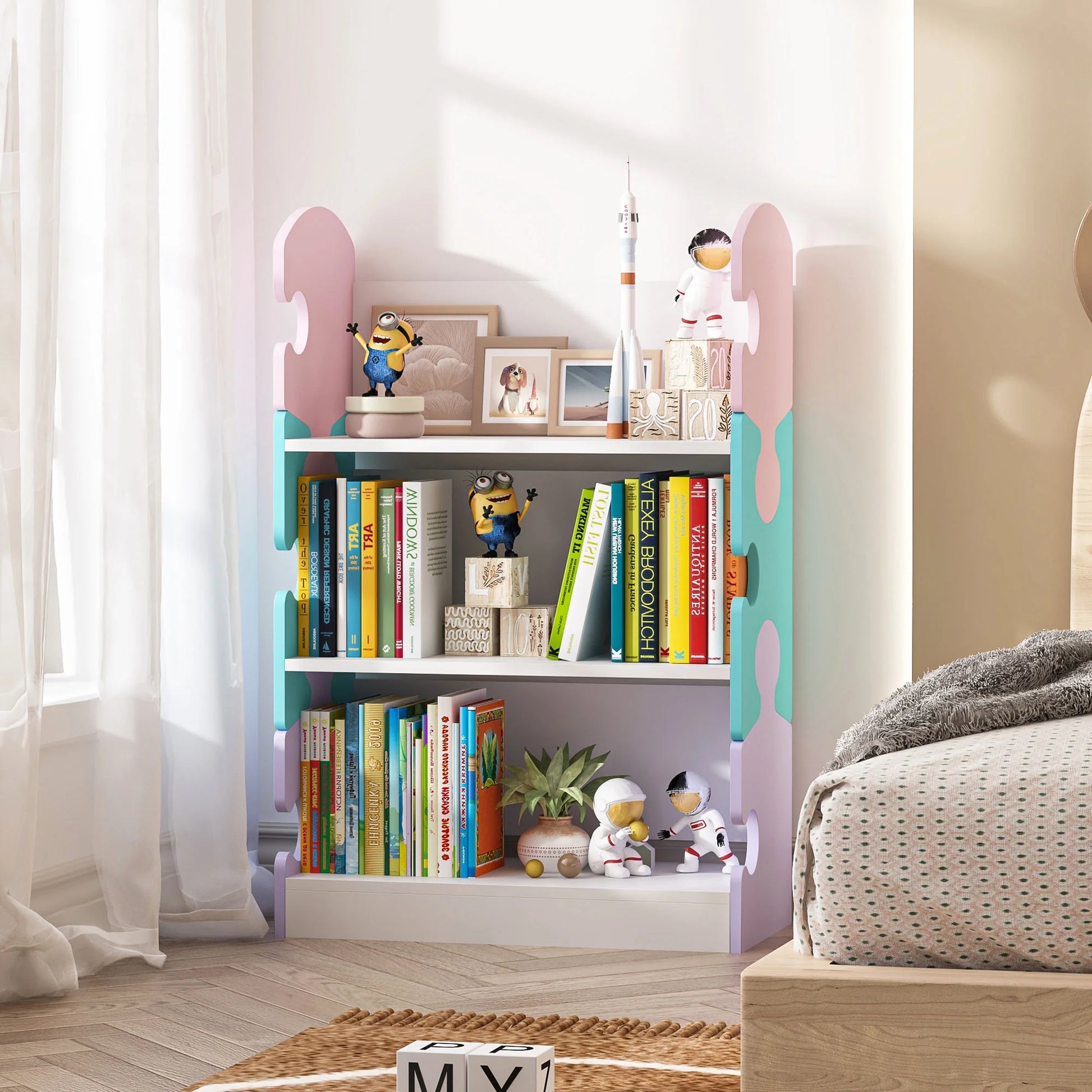 3-Tier Puzzle Piece Kids Bookshelf - Open Toy & Book Organizer for Nursery, Bedroom & Classroom