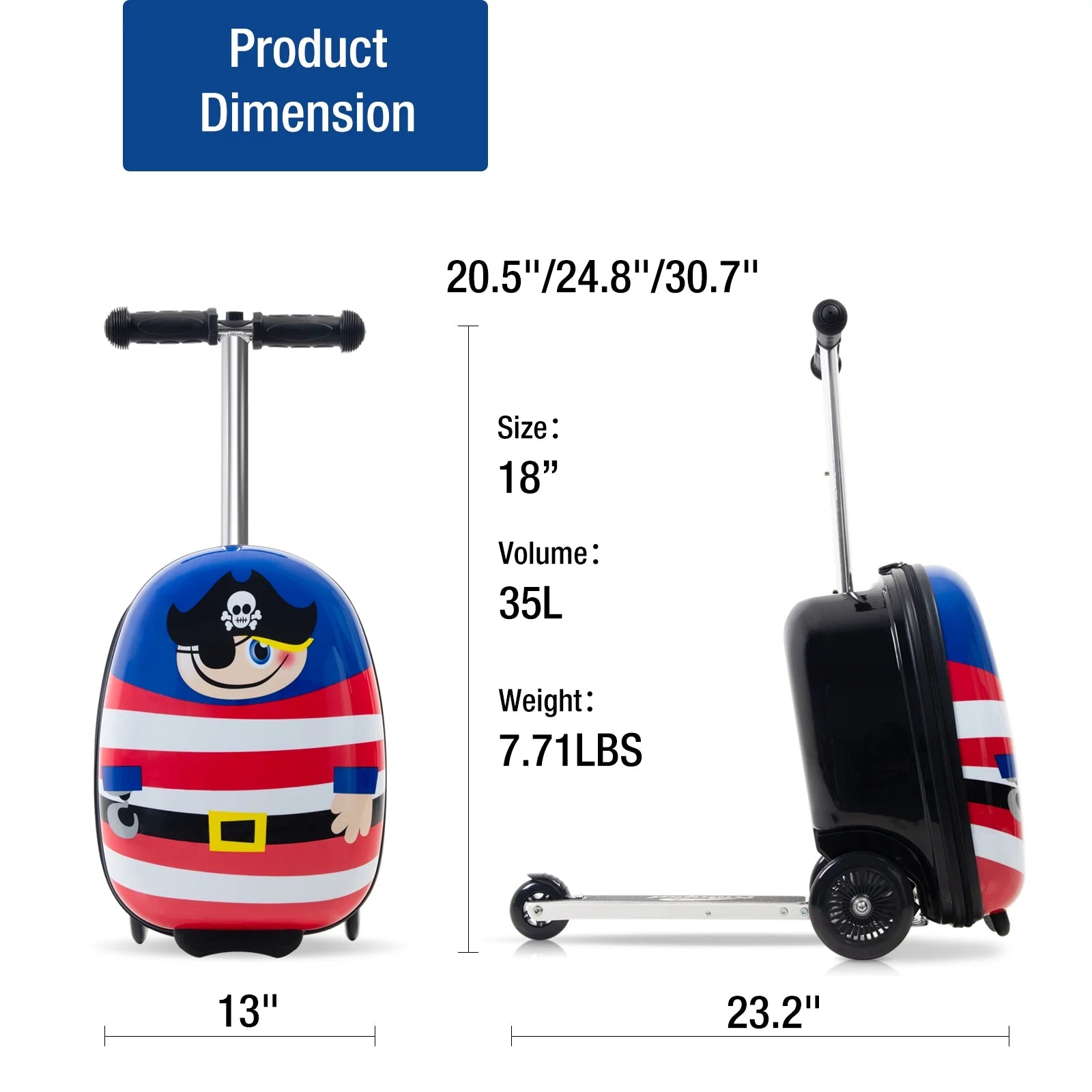 Kids Luggage Scooter, 3-Level Height Adjustable, Pirate Theme Foldable Carry-On Suitcase, Lightweight Ride-On Scooter