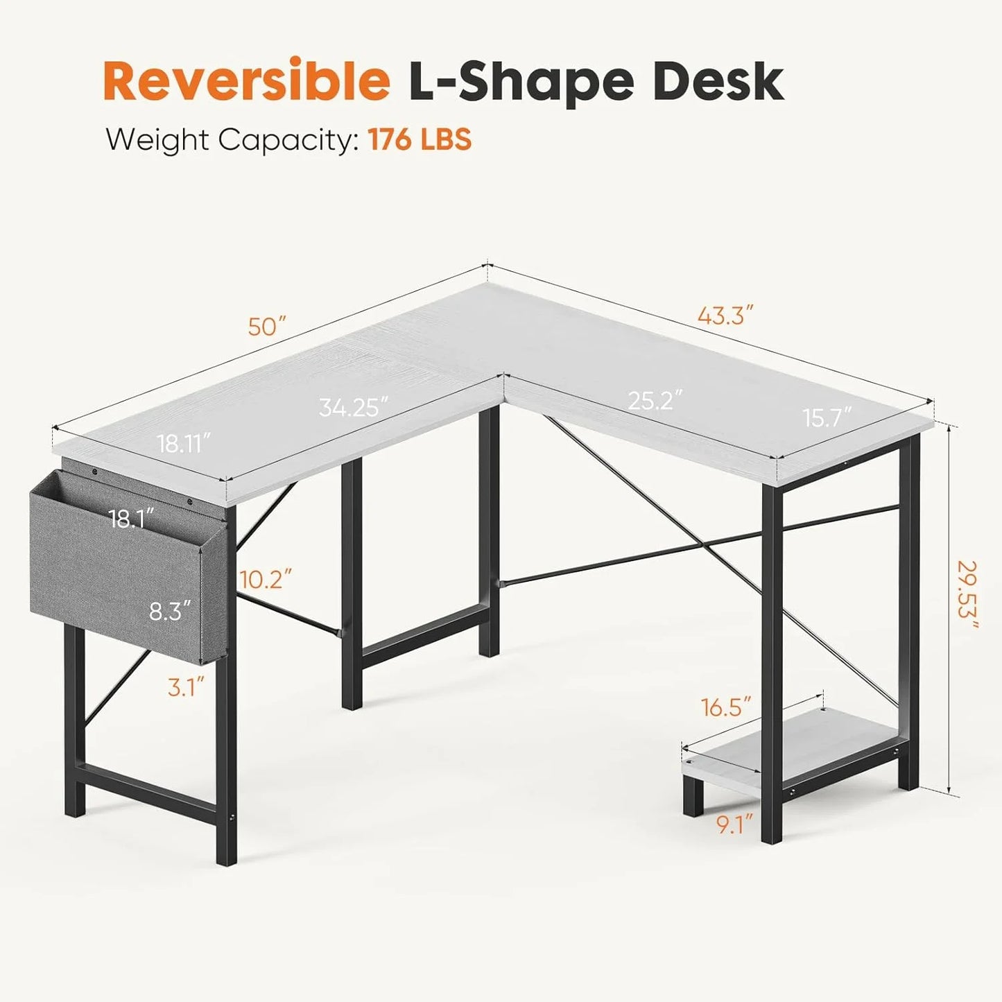 L Shaped Computer Desk - Gaming Corner 50 Inch PC White Writing Study Student Table with Wooden Desktop CPU Stand Side Bag Reversible for Home Office Room Small Space, White