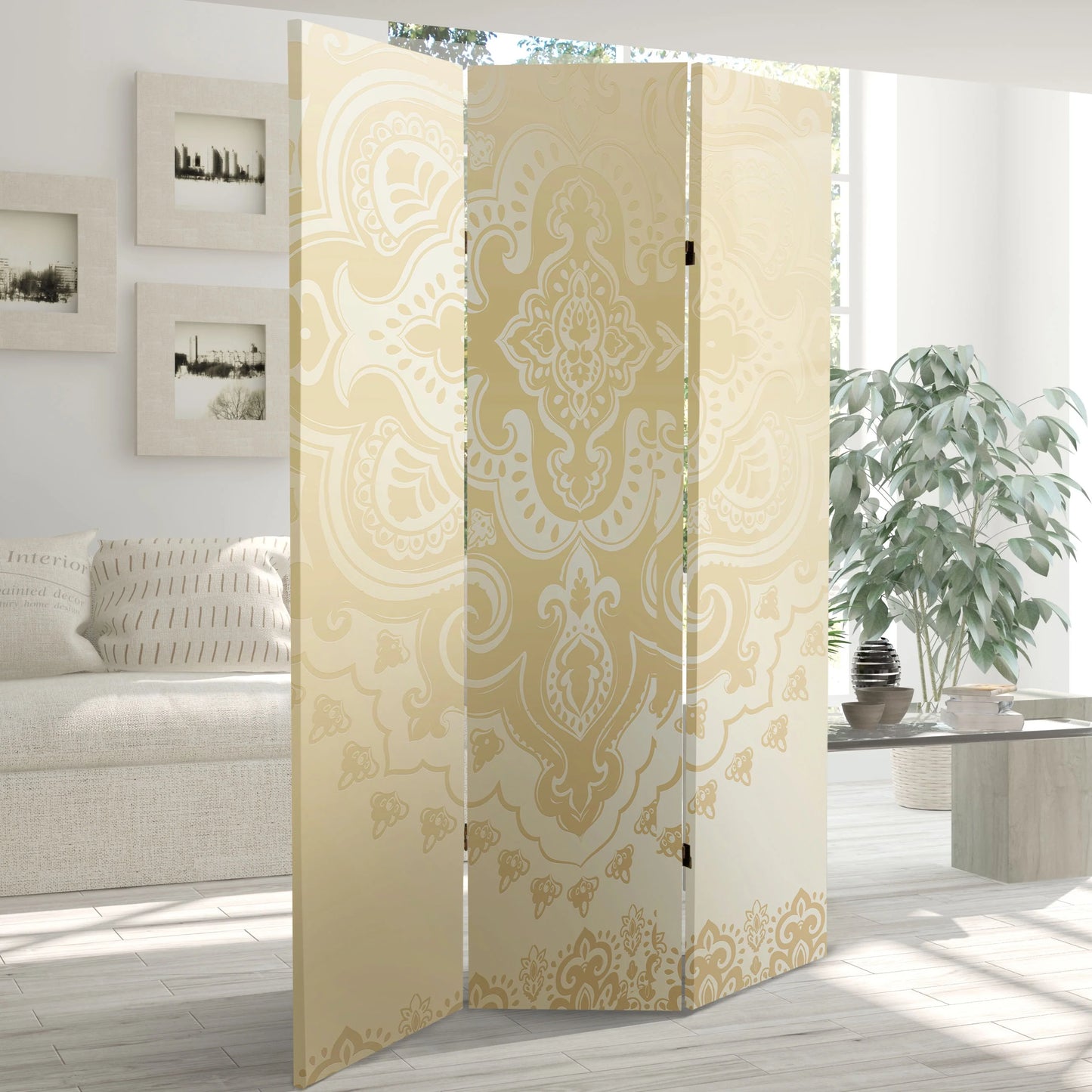 Oriental Furniture 6 ft. Tall Ivory Pattern Canvas Room Divider - 3 Panel
