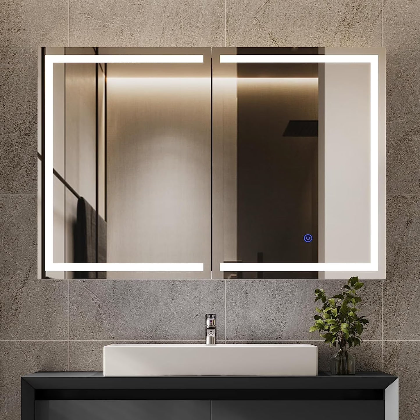 Lighted Medicine Cabinet with Mirror& LED Light for Bathroom,Wall Mounted Bathroom Mirror Cabinet with Storage and 2 Outlet and 3 Doors for Home, White, 39.4" x 23.6"