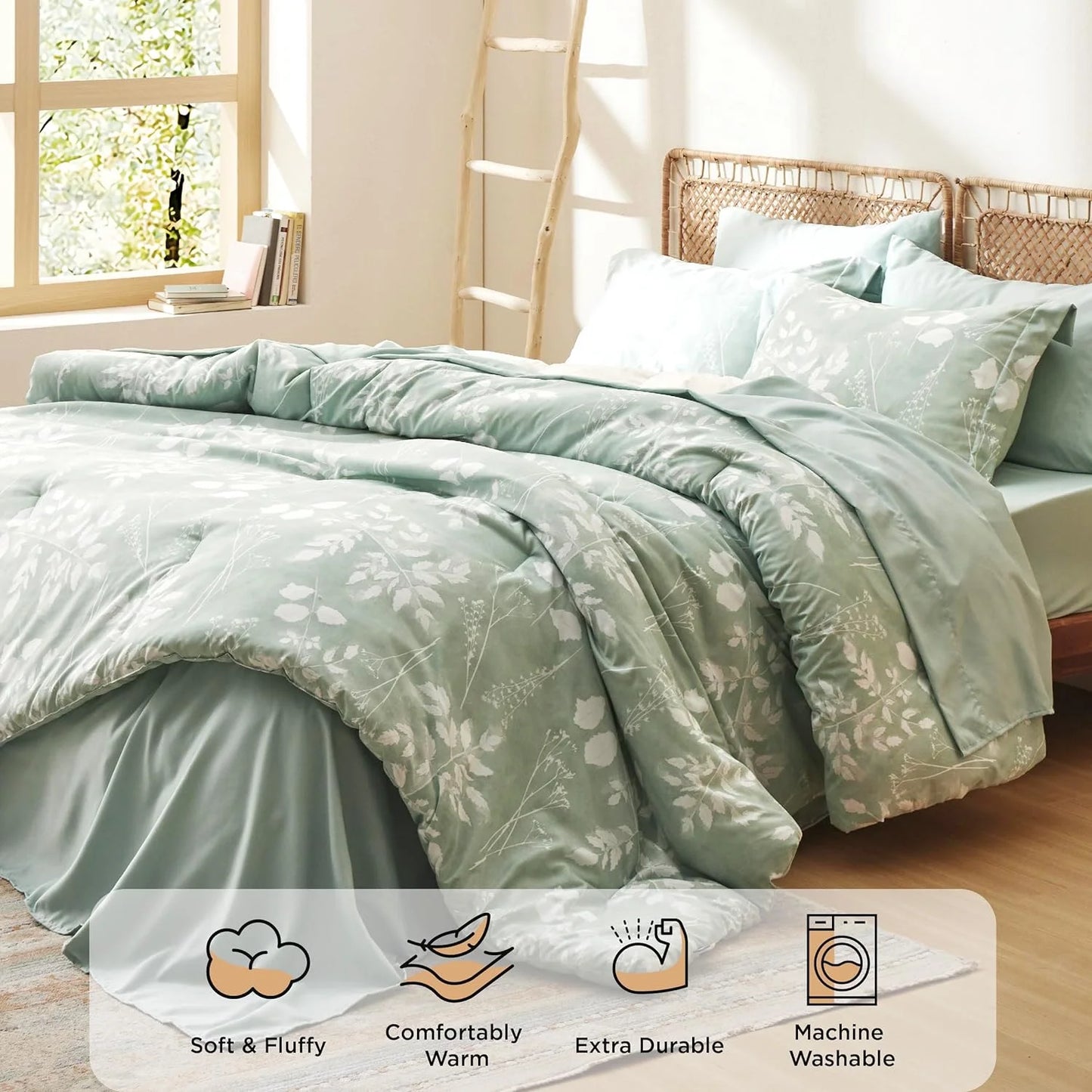 King Comforter Set - 7 Pieces Sage Green Floral Bedding Sets King Bed in a Bag with Botanical Flowers Comforter, Sheets, Pillowcases & Shams