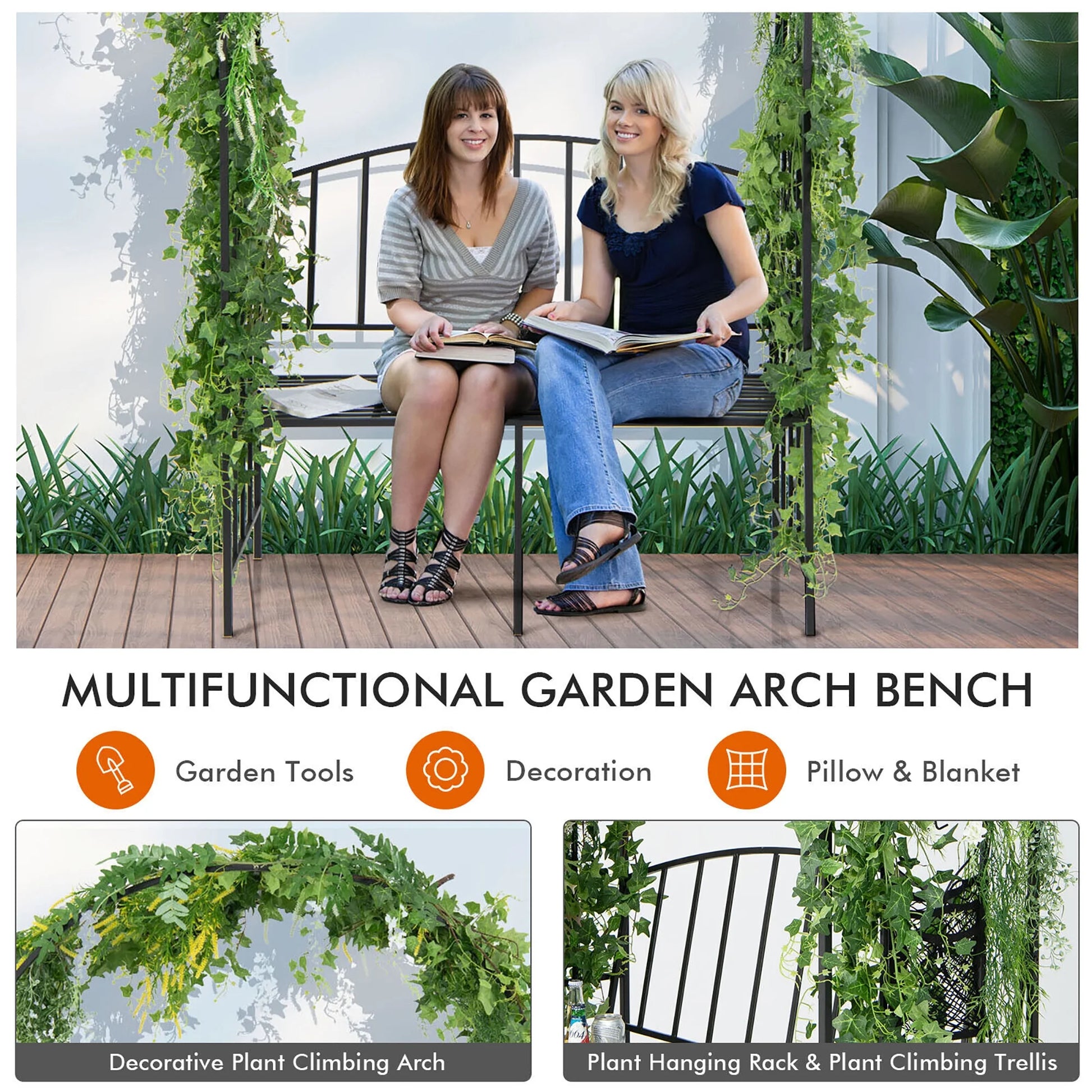 Gymax Steel Garden Arch w/2-Seat Bench 6'7''H x 3'8''W Outdoor Arbor for Climbing Plants