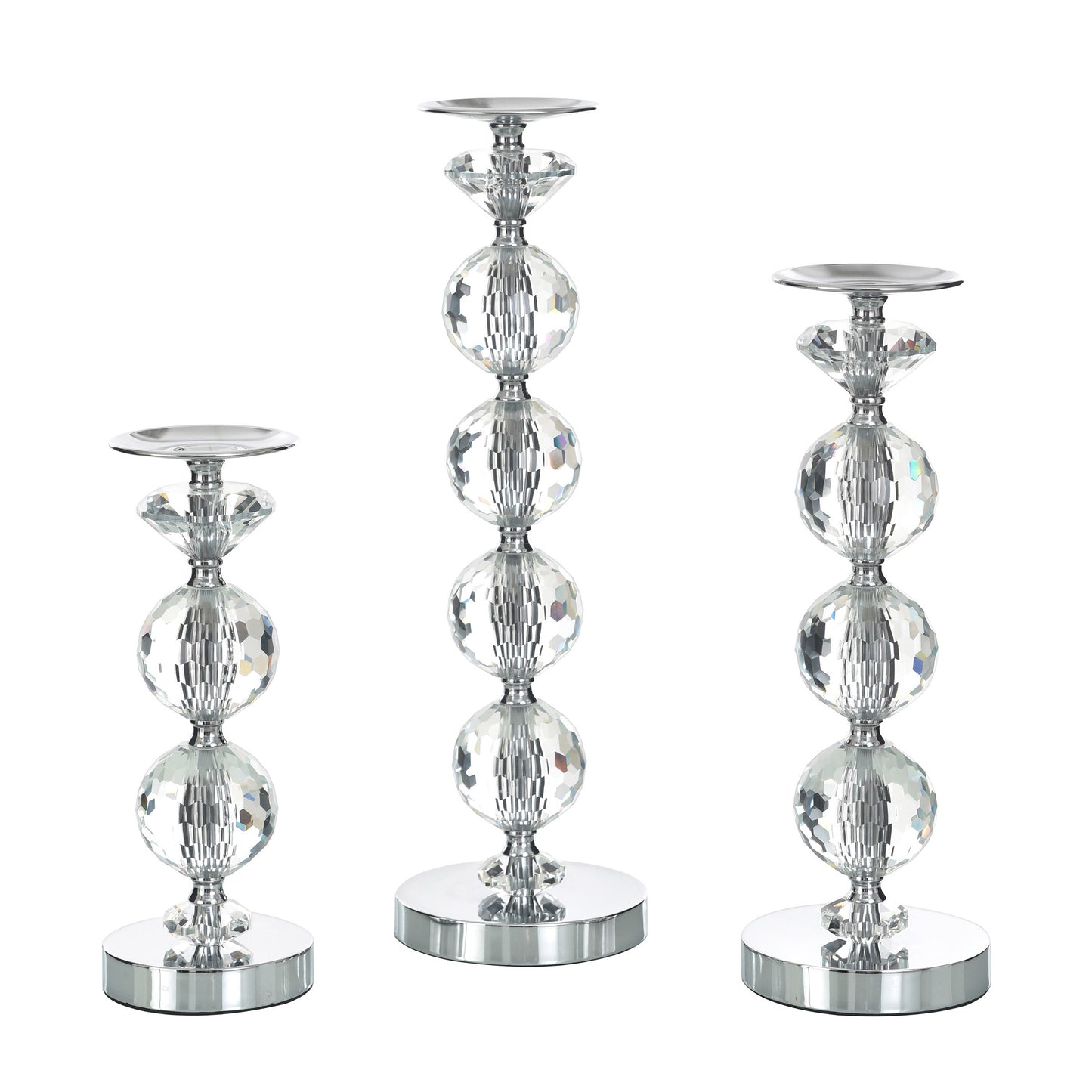 Chrome Finish Crystal Glass Pillar Candleholders, Set of 3