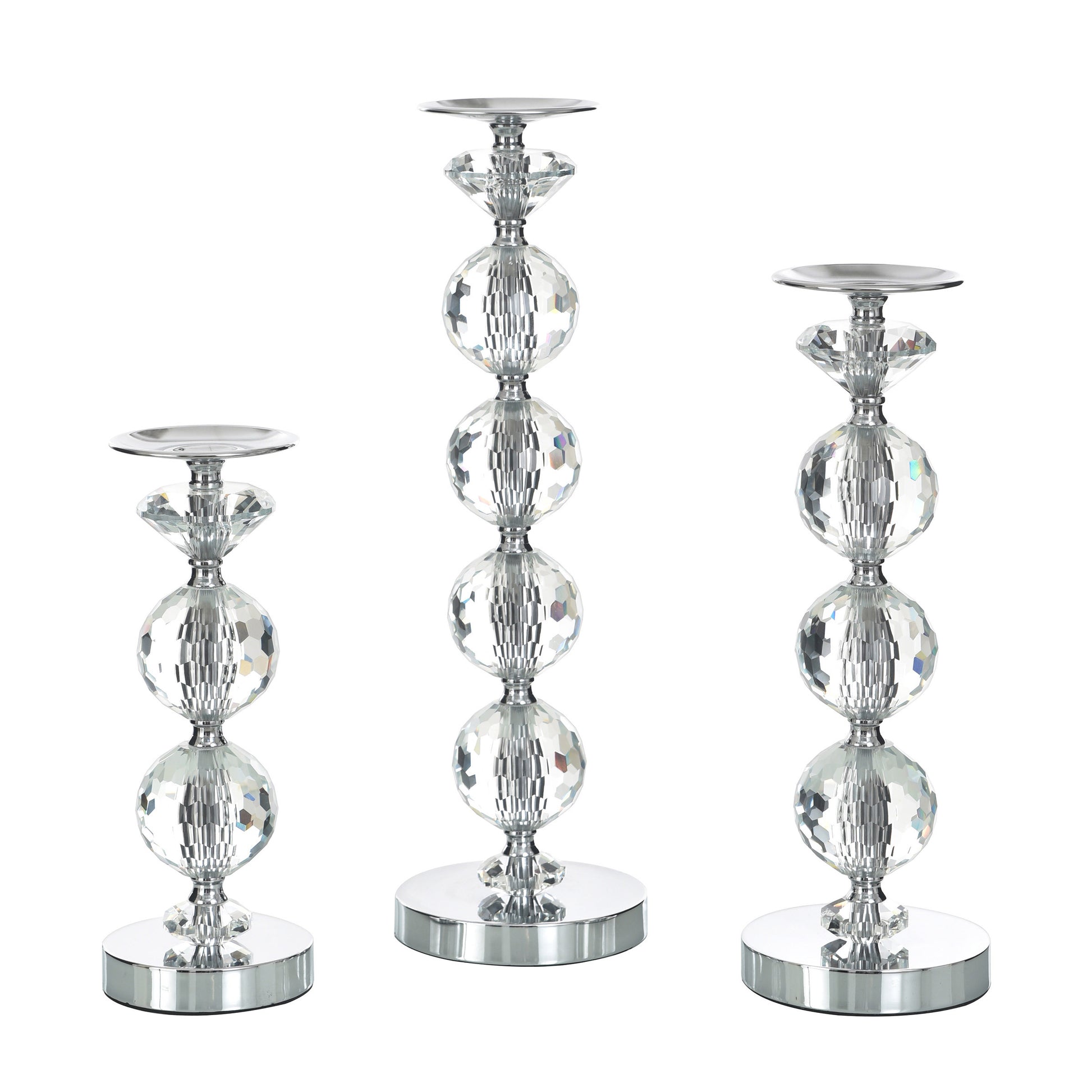 Chrome Finish Crystal Glass Pillar Candleholders, Set of 3