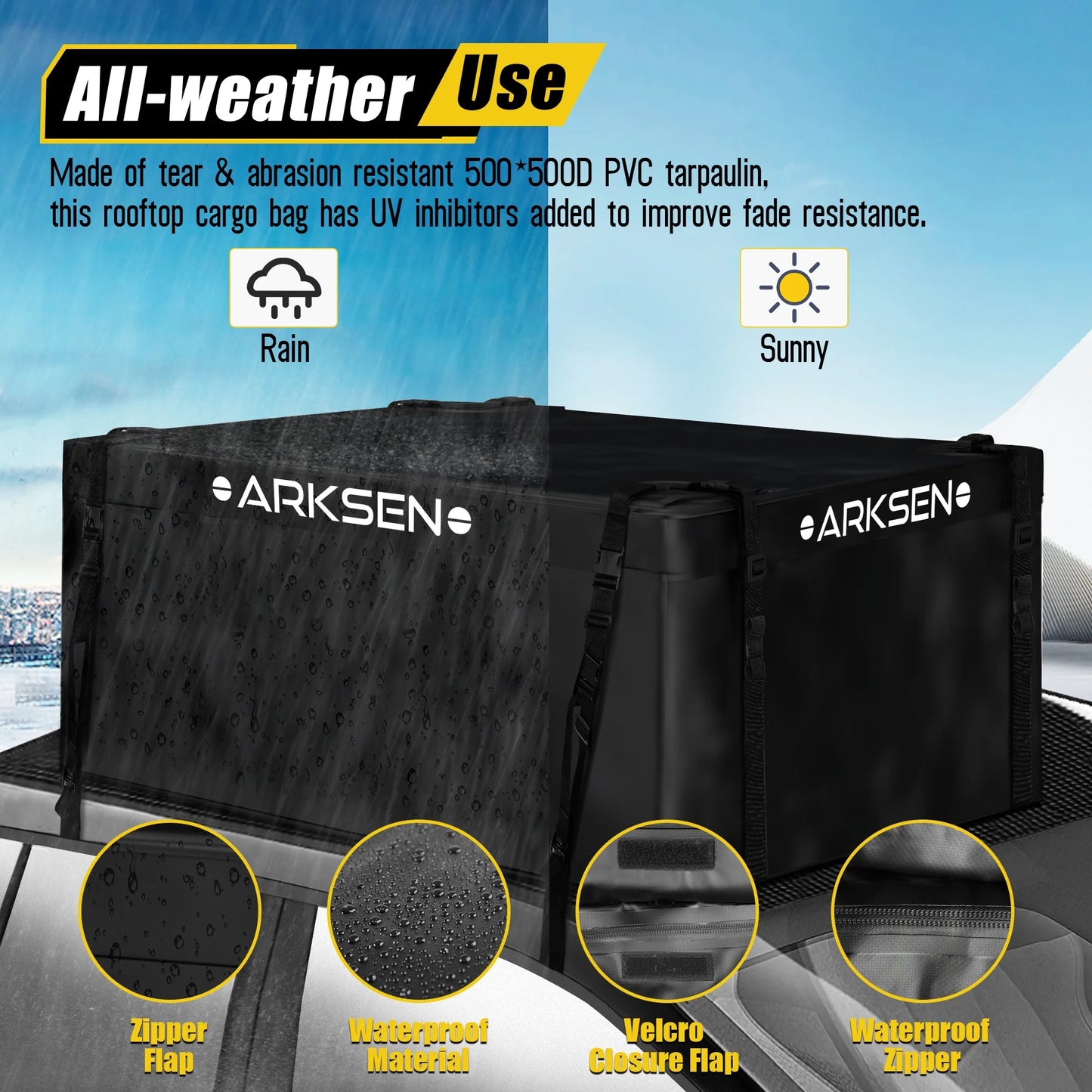 Arksen 29 Cubic Feet Waterproof Roof Top Luggage Storage Bag Heavy Duty Car Carrier Rooftop Bag W/12 Reinforced Straps, External Anti-slip Mat, 8 Door Hooks, For All Vechicles With/Without Rack