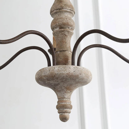 LNC 6-Light French Country Distressed Off-White Handmade Wood and Metal Candle Shape Chandelier