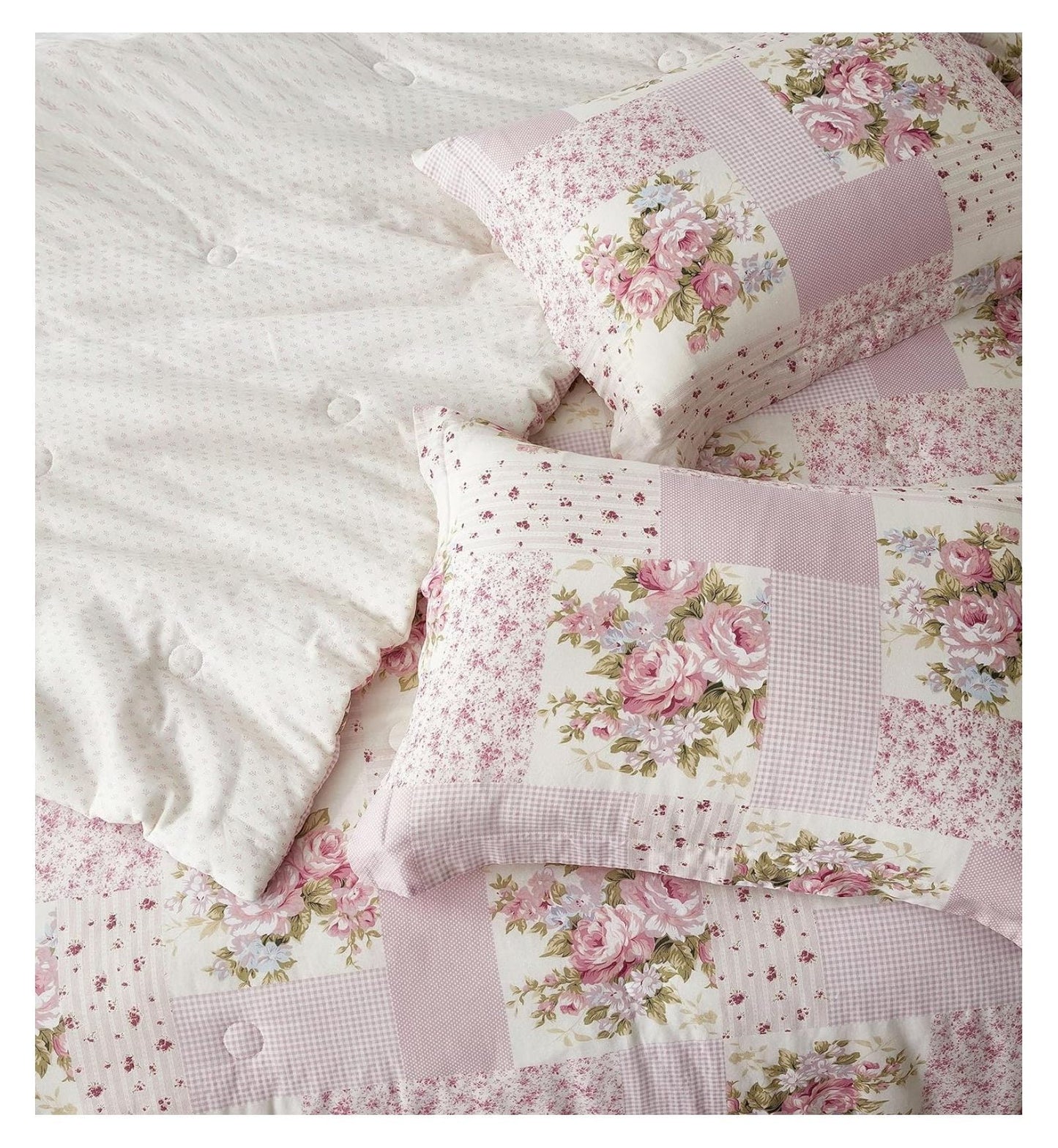 YOSITiuu Rosy 3-Piece Queen Size Washed Cotton Comforter Set - Floral Bedding Set Ivory Green Flower Polka Dot Printed Patchwork Reversible Lightweight Comforter for All Season