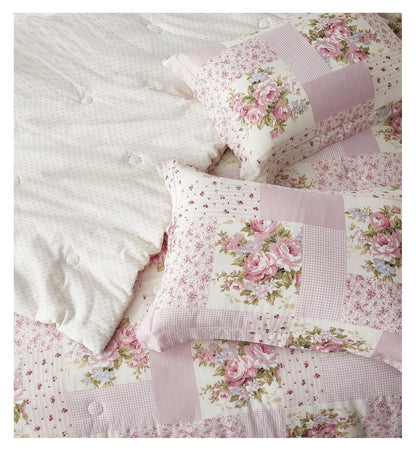 YOSITiuu Rosy 3-Piece Queen Size Washed Cotton Comforter Set - Floral Bedding Set Ivory Green Flower Polka Dot Printed Patchwork Reversible Lightweight Comforter for All Season