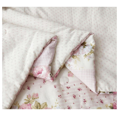 YOSITiuu Rosy 3-Piece Queen Size Washed Cotton Comforter Set - Floral Bedding Set Ivory Green Flower Polka Dot Printed Patchwork Reversible Lightweight Comforter for All Season