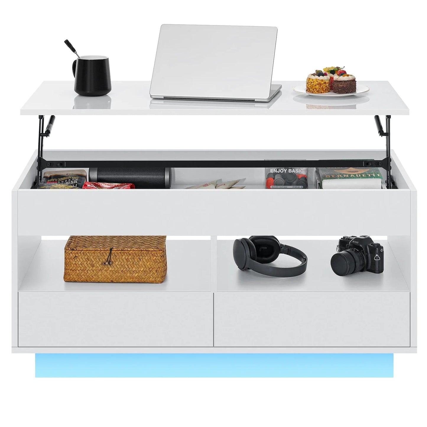 Hommpa Lift Top Coffee Table with 2 Drawers High Gloss Rectangle White Coffee Table with LED Lights and Hidden Storage for Living Room Home Office Center Cocktail Tables 25.19" Height