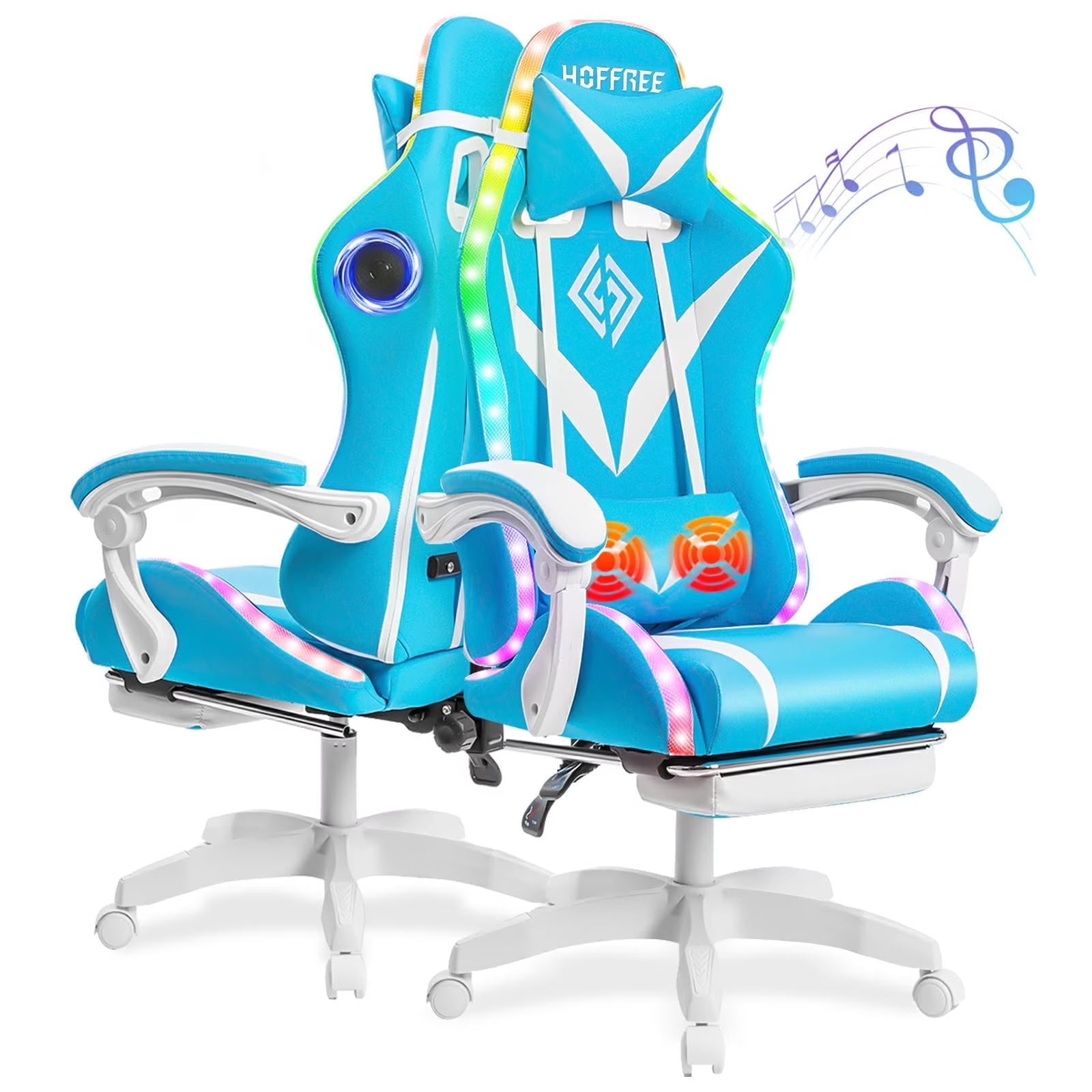 Hoffree Gaming Chair with Speakers PU Leather Office Chair with Footrest and LED Lights Ergonomic Gamer Chair with Massage Lumbar Support and Headrest Adjustable Swivel for Home Office 300lb