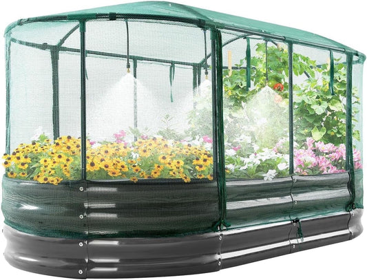 Quictent 6x3x1 ft Galvanized Raised Garden Bed Kit with Self Watering System and Mesh Cover, Large Oval Metal Outdoor Planter Garden Boxes for Vegetables Herbs Flowers