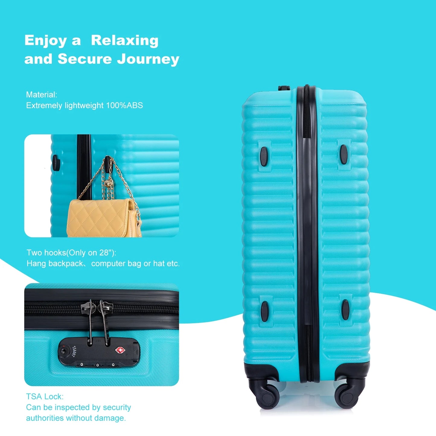 3 Pieces Luggage Sets, Expandable ABS Hardshell Clearance Luggage, Hardside Lightweight Durable Suitcase Sets with Two Hooks, Spinner Wheels and TSA Lock, 20in/24in/28in Travel Suitcase, Turquoise