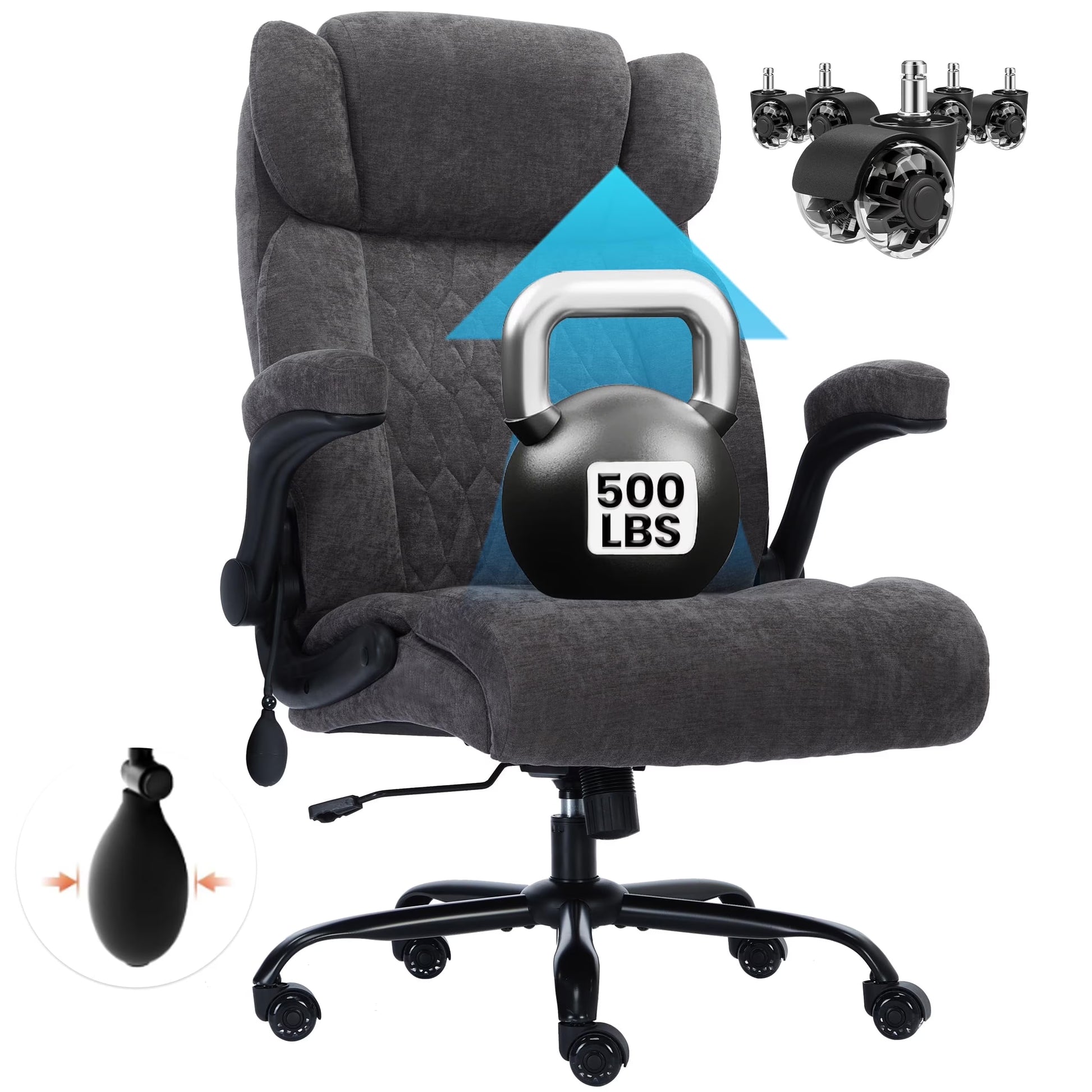 HomeZeer Big and Tall Office Chair 500LBS, High Back Executive PU Leather Chair with Adjustable Lumbar Support, Flip-Up Arms & Wide Seat, Heavy Duty on Rubber Wheels for Home Office, Black