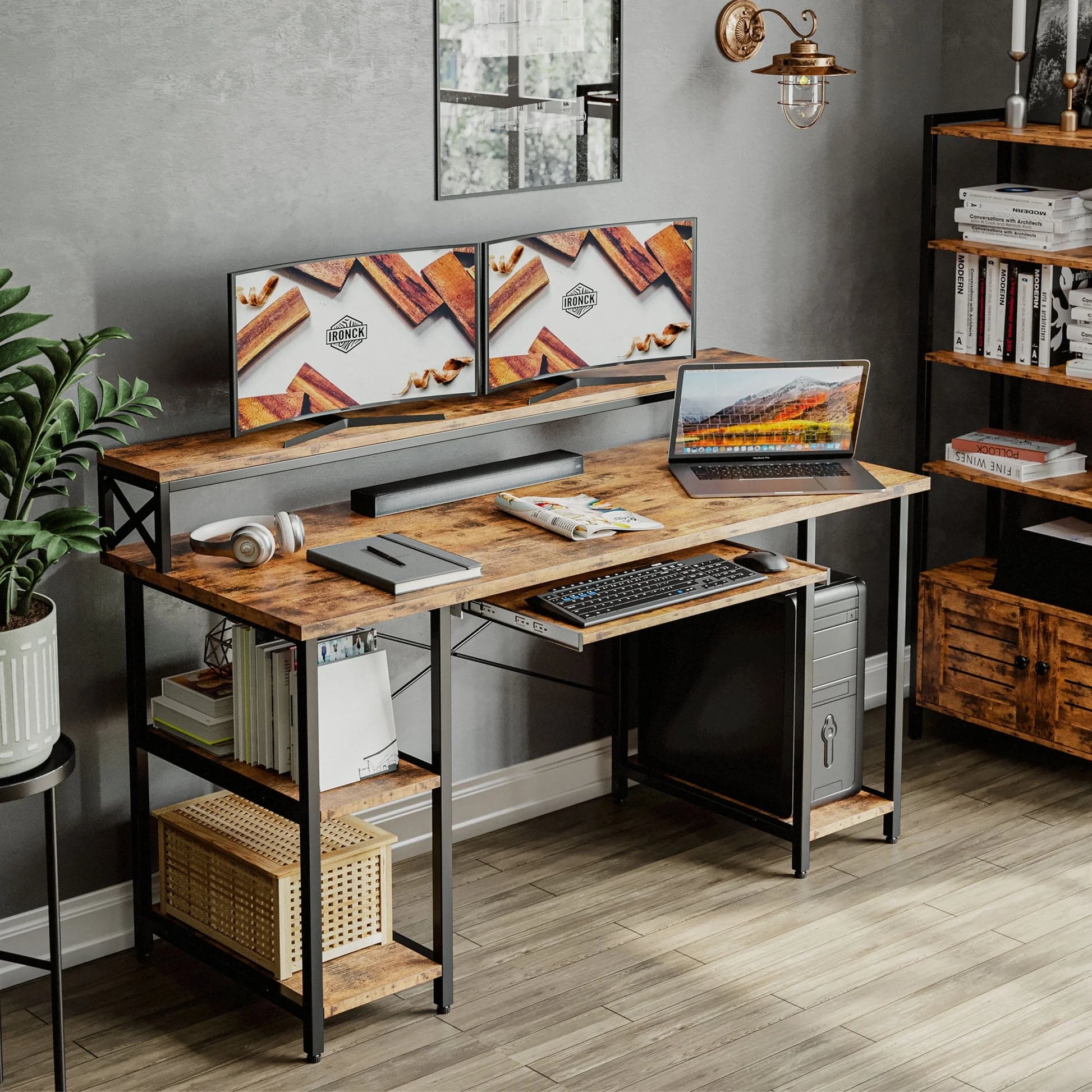 IRONCK Industrial Computer Desk 55", Home Office Desk with Printer Monitor Stand Large Workstation with Storage Shelves and CPU Stand, Studying Writing Table for Home Office, Vintage Brown