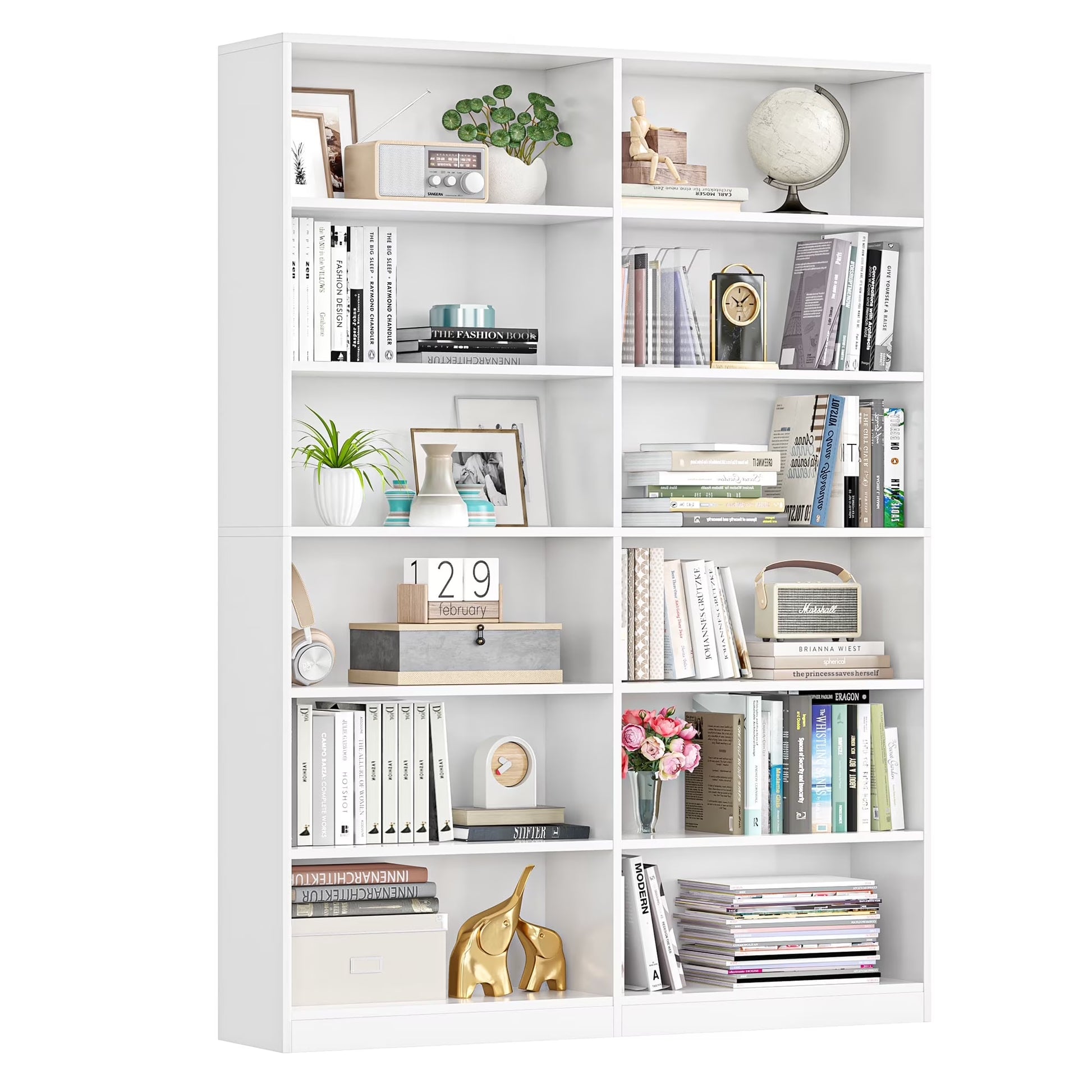 Homfa 74.3° Double Wide 6-Tier Bookcase, Extra Large Wooden Freestanding Display Bookshelf for Home Office Living Room, White