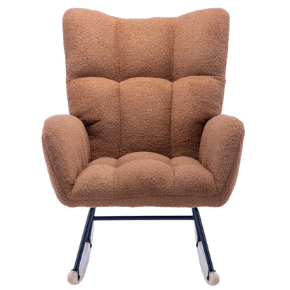 HONSIT Pink Nursery Rocking Chair, Teddy Fabric Upholstered Glider Rocker with High Backrest, Modern Rocking Accent Chairs Comfy Side Chair for Nursery, Bedroom, Living Room