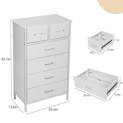 Chest of 6 Drawers, Drawer Dresser storage organizer for Bedroom, Living Room, Hallway, Nursery, Storage Cabinet Wooden Dresser with Steel Frame,White