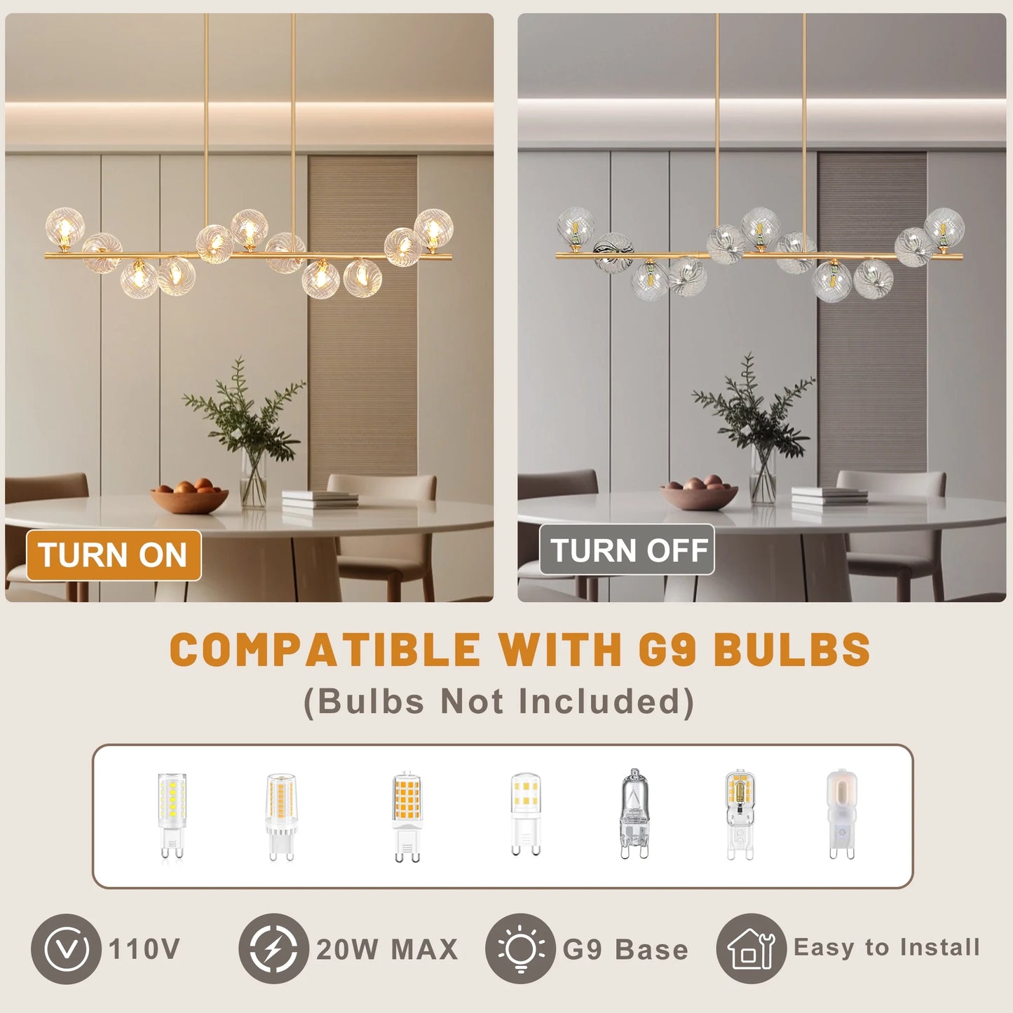 Lzawvm Dining Room Light Fixture with Swirled Glass Globe Linear Chandelier for Dining Room 11-Lights Pendant Lights Kitchen Island for Living Room Sputnik Gold 51inch