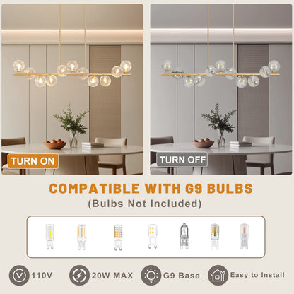 Lzawvm Dining Room Light Fixture with Swirled Glass Globe Linear Chandelier for Dining Room 11-Lights Pendant Lights Kitchen Island for Living Room Sputnik Gold 51inch