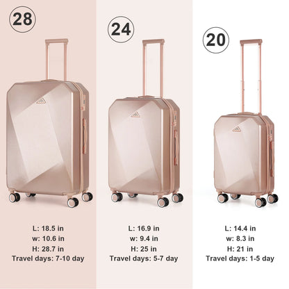 Luggage 3-Pieces Set PC+ABS Durable Suitcase Sets Rose Gold 20"24"28"