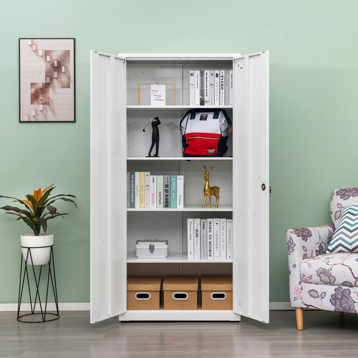 31.5" Metal Storage Cabinet with 2 Doors and 2 Adjustable Shelves, Garage Storage Cabinet with Metal Handles, Metal File Cabinet for Home Office School Gym, Black