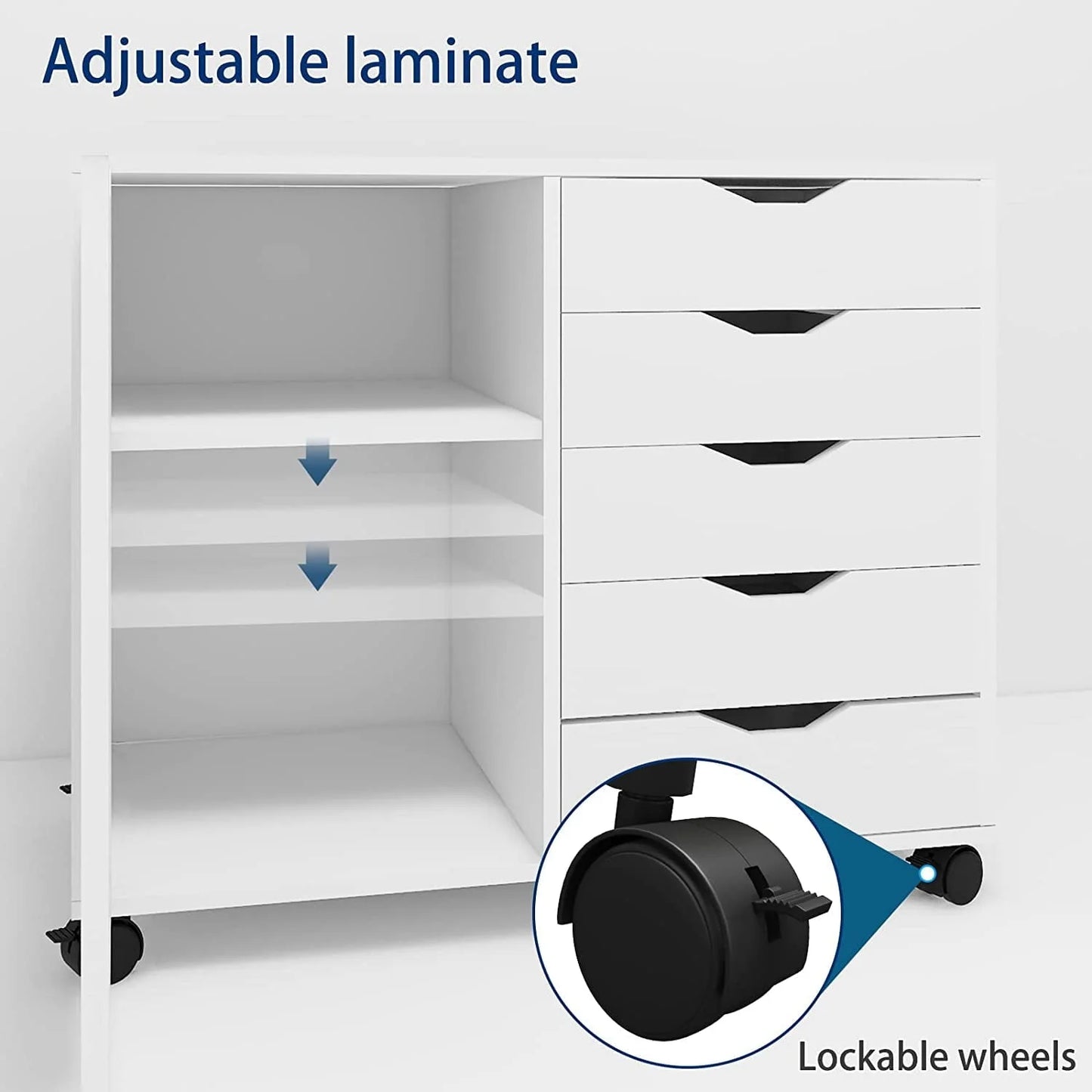Natwind 5-Drawer Mobilable Wood Printer Stand with Charging Station,Cart File Storage Cabinets with Socket and Door Home Office Lateral Filing Cabinet(white)