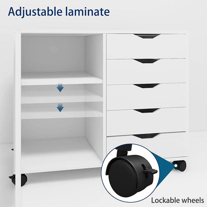 Natwind 5-Drawer Mobilable Wood Printer Stand with Charging Station,Cart File Storage Cabinets with Socket and Door Home Office Lateral Filing Cabinet(white)