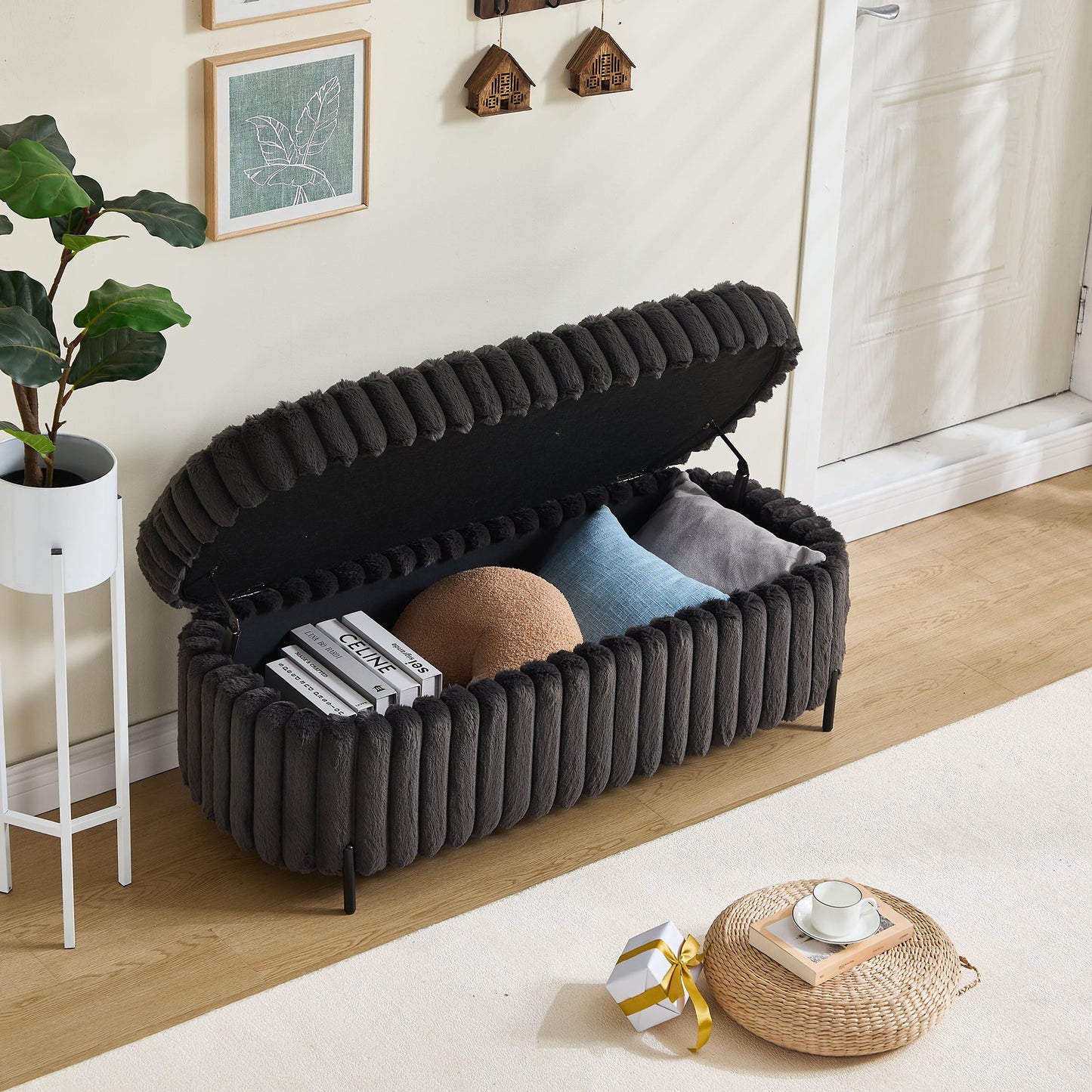 Shihatsusr 22.05" Wide Upholstered Round Pouf Ottoman Foot Rest with Black Metal Legs,Faux Fur Footstool for Living Room Bedroom Entryway,Black