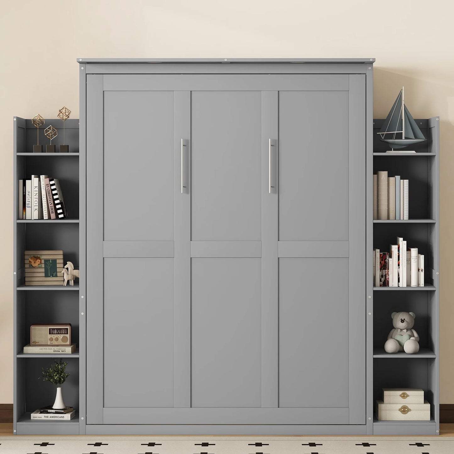 Aukfa Queen Size Murphy Bed with 5-Tier Storage Shelf & LED Lights, Foldable Wall Bed Cabinet with Mattress Support, Space-Saving Design for Guest Room/Home Office, Gray