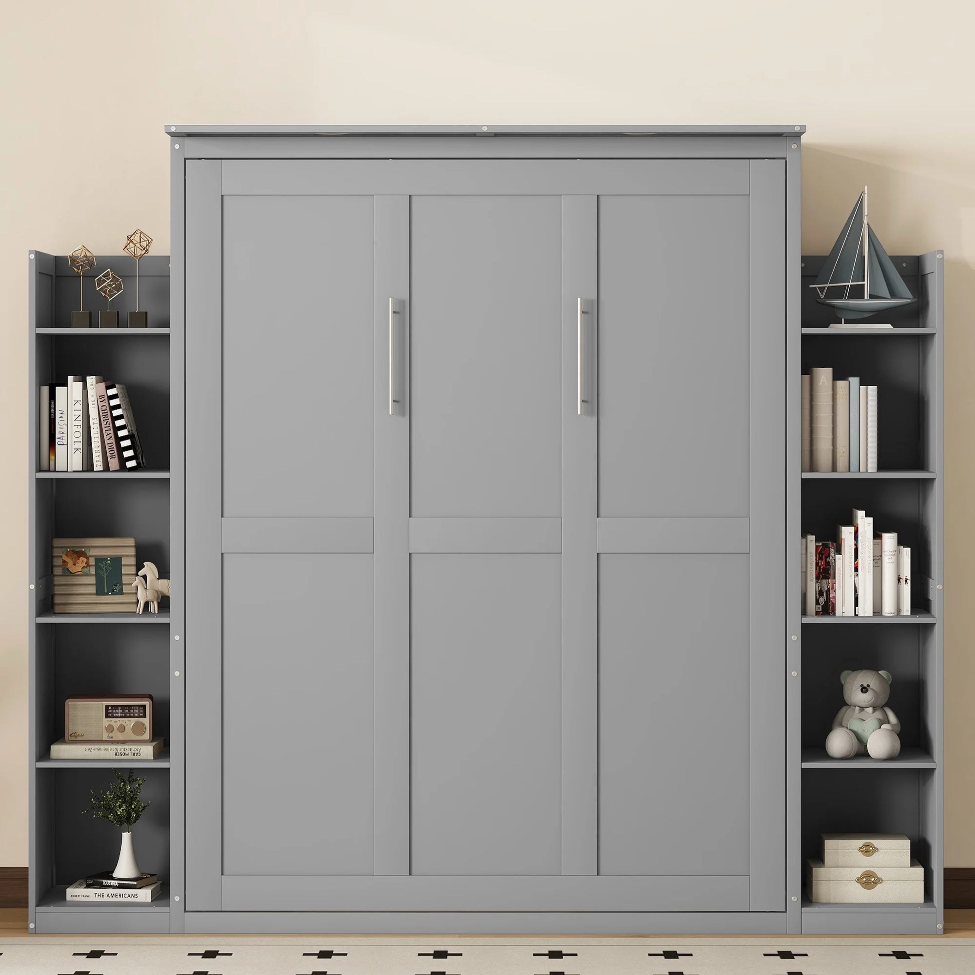 Aukfa Queen Size Murphy Bed with 5-Tier Storage Shelf & LED Lights, Foldable Wall Bed Cabinet with Mattress Support, Space-Saving Design for Guest Room/Home Office, Gray