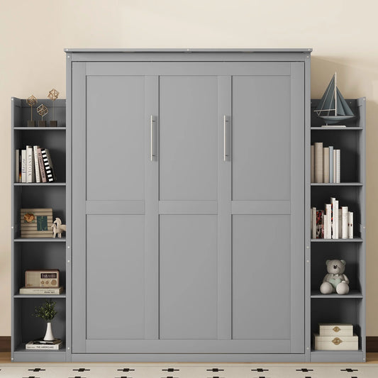 Aukfa Queen Size Murphy Bed with 5-Tier Storage Shelf & LED Lights, Foldable Wall Bed Cabinet with Mattress Support, Space-Saving Design for Guest Room/Home Office, Gray