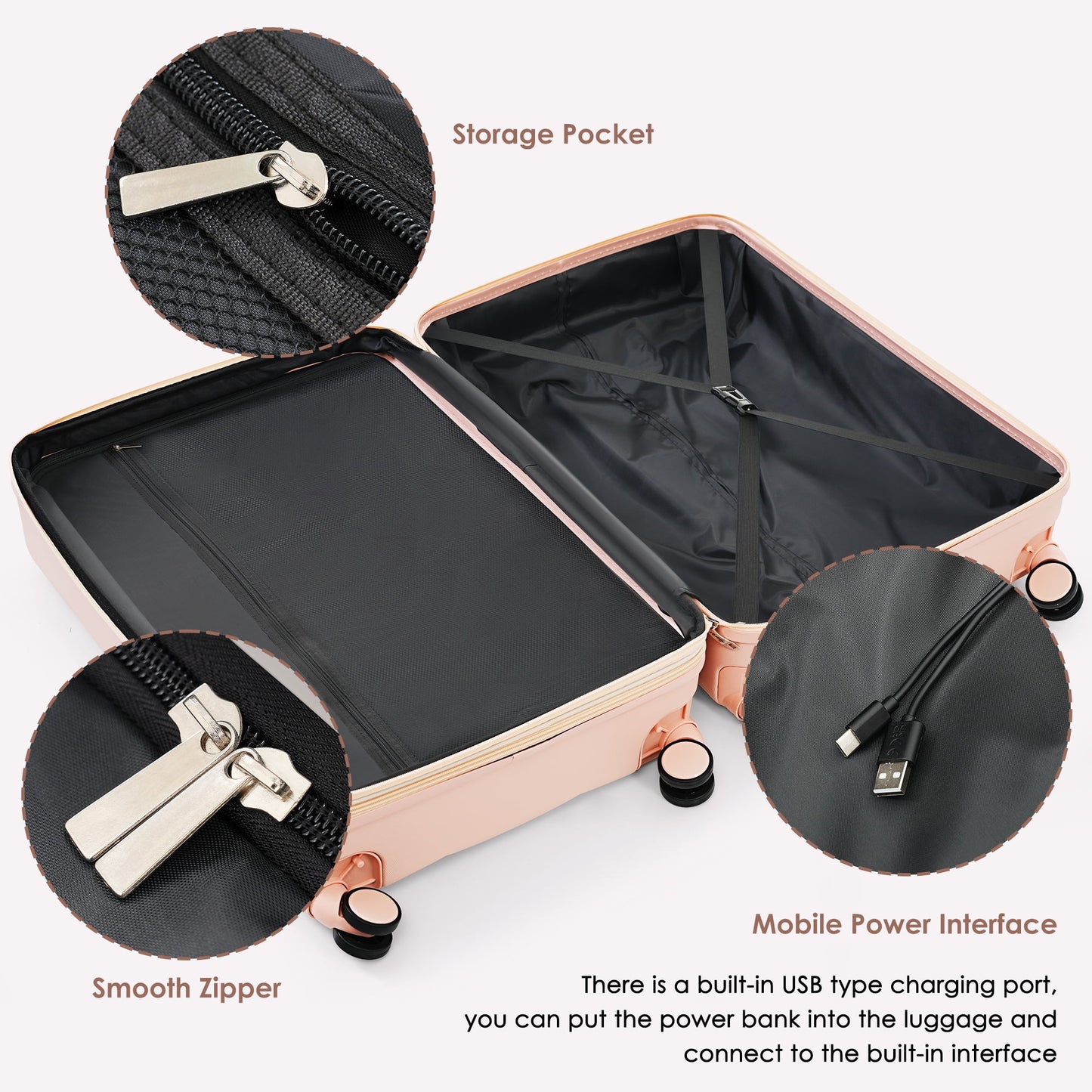 Luggage Set of 3, 20-inch with USB Port, Airline Certified Carry-on Luggage with Cup Holder, ABS Hard Shell Luggage with Spinner Wheels, white
