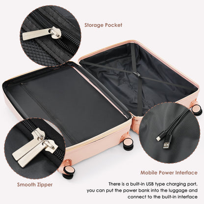 Luggage Set of 3, 20-inch with USB Port, Airline Certified Carry-on Luggage with Cup Holder, ABS Hard Shell Luggage with Spinner Wheels, white