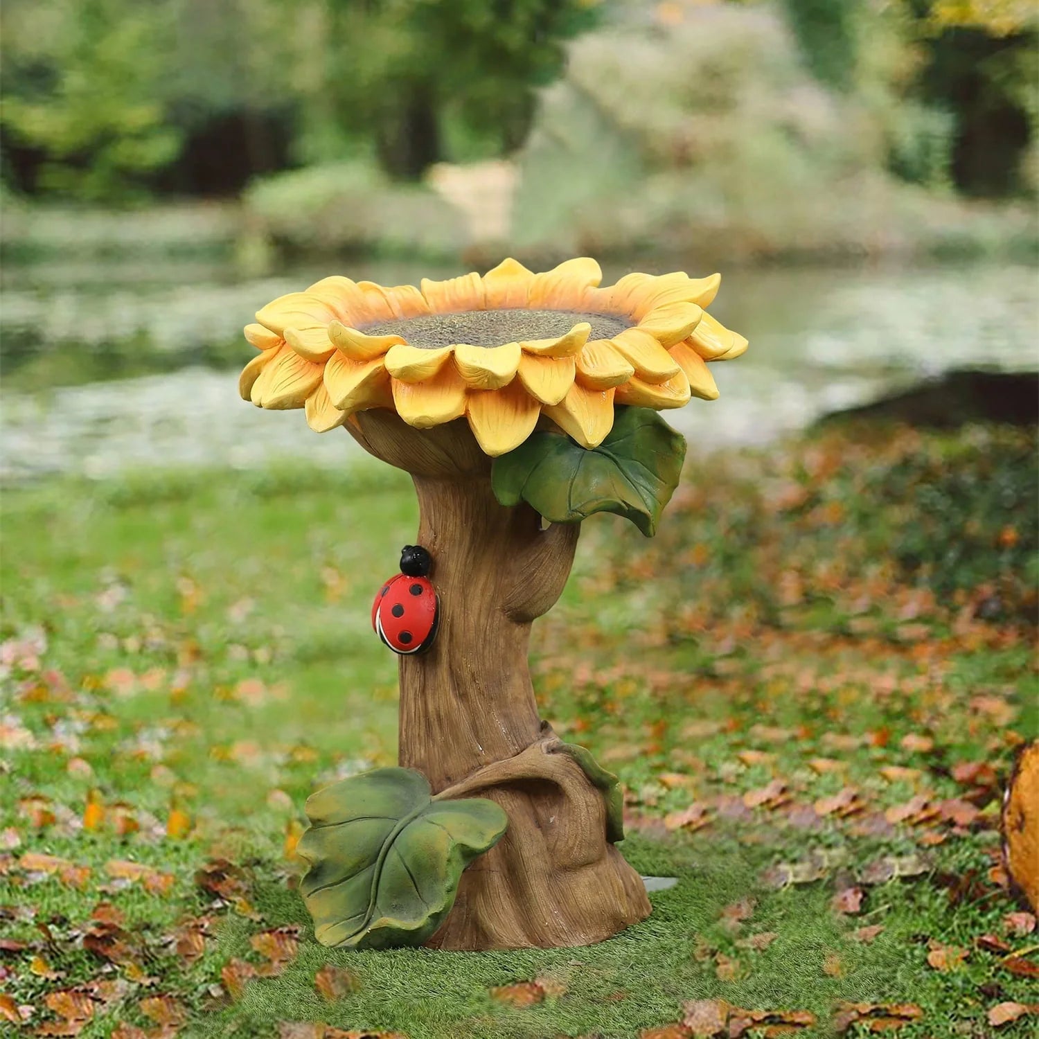LuxenHome 22.63" H Yellow Sunflower Resin Birdbath
