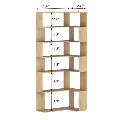 KULAGAGA 7-Tier Corner Bookcase Bookshelf, 81.9" Extra Tall Wall Corner Shelf with Storage, Modern Mid Century Floor Standing Plant Stand for Home Office, Living Room, Bedroom Natural Oak