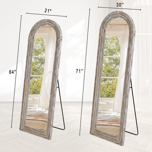 BEAUTYPEAK 71"x30" Arched Full Length Mirror with Stand Solid Wooden Framed Floor Mirror Full Body Mirror,Retro White