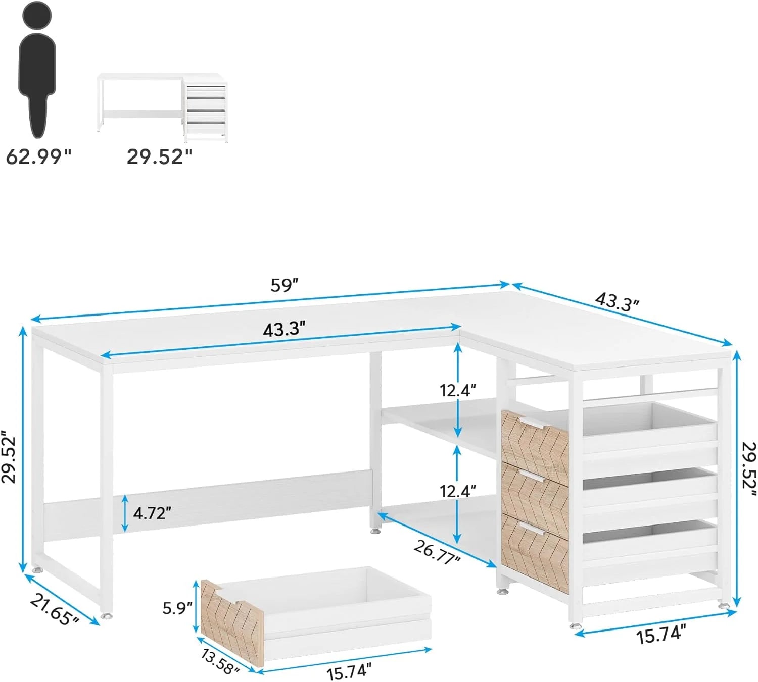 Tribesigns 59" L-Shaped Office Desk, Modern Reversible Computer Study Desk for Home Office, White