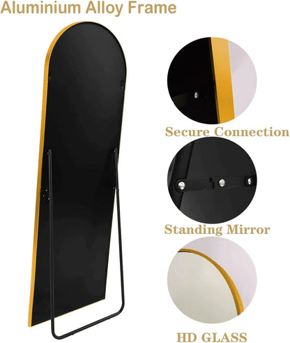 Vlush Full Length Mirror, 65"x22" Arched Floor Mirror, Full Body Standing Mirror with Aluminum Frame (Gold)