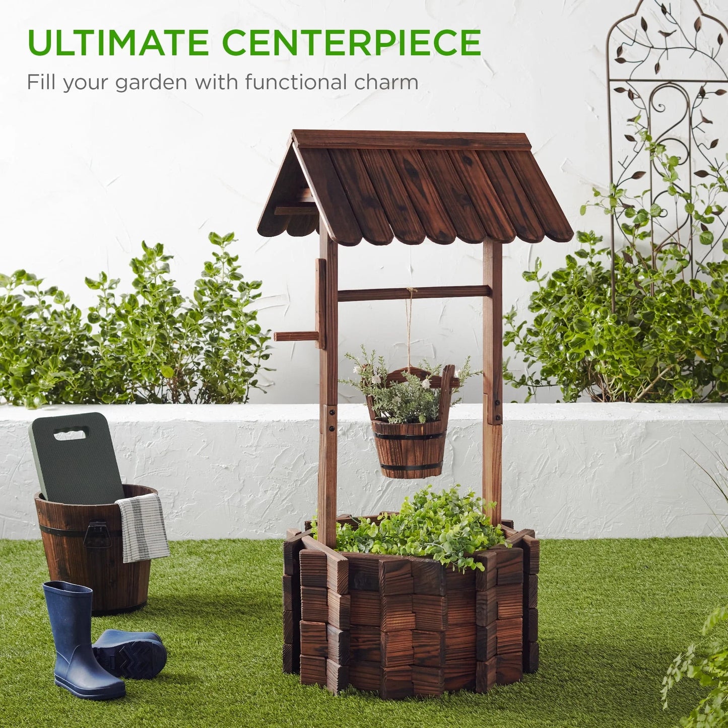 Best Choice Products Rustic Wooden Wishing Well Planter Outdoor Home Decor for Patio, Garden, Yard w/Hanging Bucket