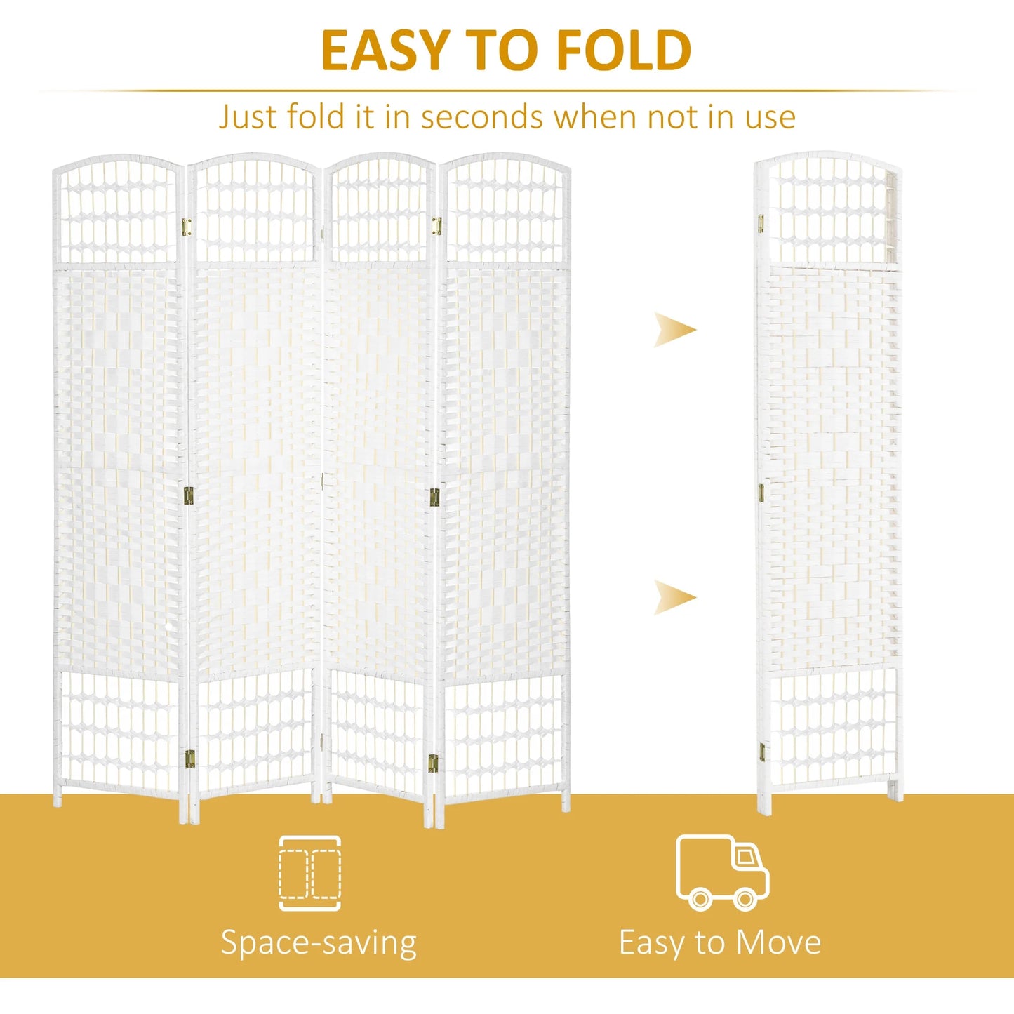 DUOSONG 4 Panel Room Divider, Folding Privacy Screen, 5.6' Room Separator, Wave Fiber Freestanding Partition Wall Divider For Rooms, Home, Office, White White Paper Privacy Screens