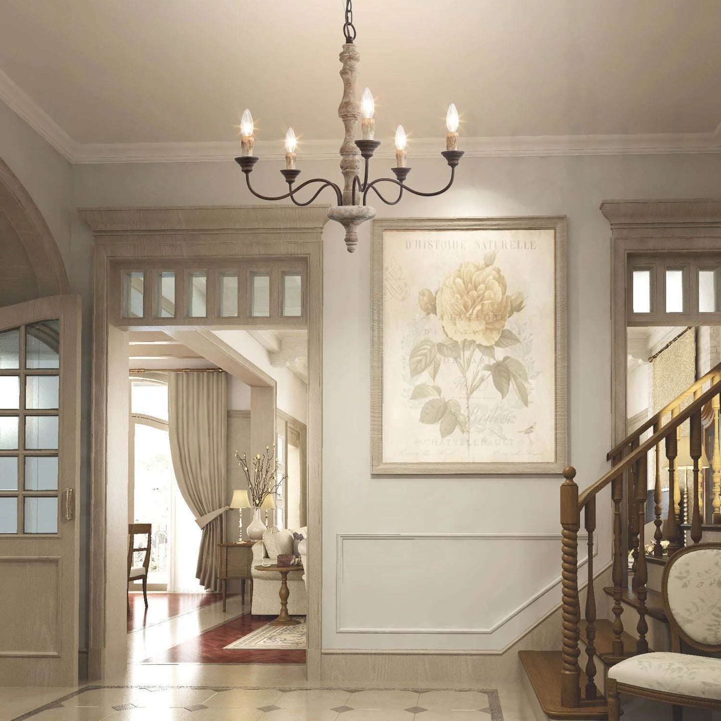 LNC 6-Light French Country Distressed Off-White Handmade Wood and Metal Candle Shape Chandelier