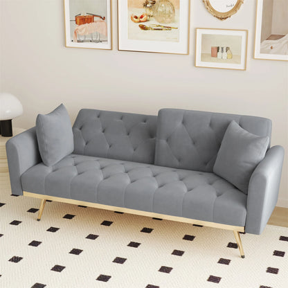 Aukfa Velvet Futon Convertible Sofa Bed for Home Office, 2 Pillows, Upgraded Metal Base, Gray