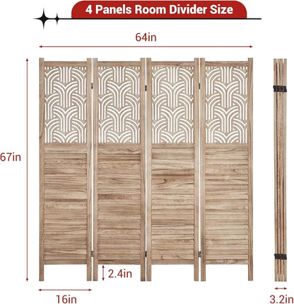 Garvee 4 Panel Wooden Room Dividers, 67" Tall Folding Portable Partition Privacy Screen, Free Assembled Freestanding Partition, Separators Divider Wall for Home Office